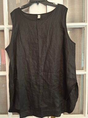 Woman’s 100% Linen Black Sleeveless Women’s Top Pull On Loose Fit Hi Lo Hem XL